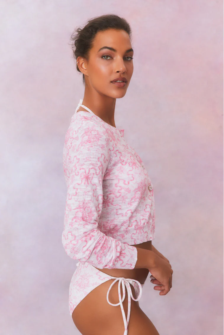 Pinky Bow Print Cardigan - Store Citys